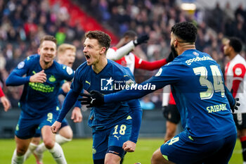 2023-12-03 - Olivier Boscagli of PSV celebrates his goal 0-2 during the Netherlands championship Eredivisie football match between Feyenoord and PSV on December 3, 2023 at Stadion Feijenoord in Rotterdam, Netherlands - FOOTBALL - NETHERLANDS CHAMP - FEYENOORD V PSV - NETHERLANDS EREDIVISIE - SOCCER