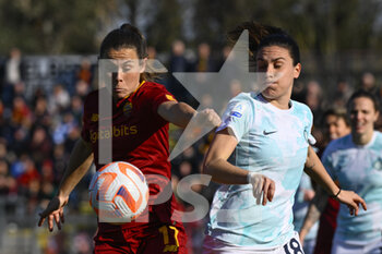 2023-02-11 - Emilie Bosshard Haavi of A.S. Roma and Marta Teresa Pandini of F.C. Inter Women during the 17th day of the Serie A Championship between A.S. Roma Women and F.C. Inter Women at the Stadio Tre Fontane on 11th of February, 2023 in Rome, Italy. - AS ROMA VS INTER - FC INTERNAZIONALE - ITALIAN SERIE A WOMEN - SOCCER