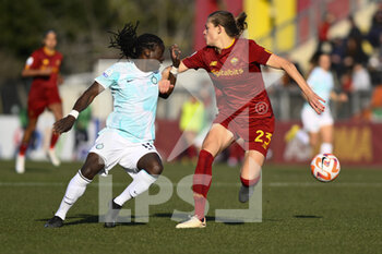 2023-02-11 - Tabitha Chawinga of F.C. Inter Women and Carina Wenninger of AS Roma Women during the 17th day of the Serie A Championship between A.S. Roma Women and F.C. Inter Women at the Stadio Tre Fontane on 11th of February, 2023 in Rome, Italy. - AS ROMA VS INTER - FC INTERNAZIONALE - ITALIAN SERIE A WOMEN - SOCCER