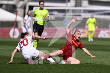 2023-04-01 - Giada Greggi of AS Roma Women amd Angelica Soffia of A.C. Milan during the 21th day of the Serie A Championship Poule Scudetto between A.S. Roma Women and A.C. Milan Women at the stadio Tre Fontane on April 1, 2023 in Rome, Italy. - AS ROMA VS AC MILAN - ITALIAN SERIE A WOMEN - SOCCER