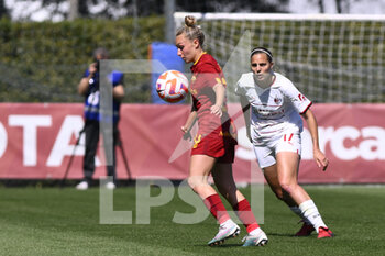 2023-04-01 - Giada Greggi of AS Roma Women and Valery Vigilucci of A.C. Milan during the 21th day of the Serie A Championship Poule Scudetto between A.S. Roma Women and A.C. Milan Women at the stadio Tre Fontane on April 1, 2023 in Rome, Italy. - AS ROMA VS AC MILAN - ITALIAN SERIE A WOMEN - SOCCER
