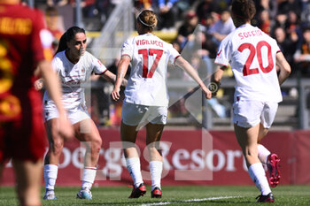 2023-04-01 - Valery Vigilucci of A.C. Milan celebrates after scoring the 1-1 during the 21th day of the Serie A Championship Poule Scudetto between A.S. Roma Women and A.C. Milan Women at the stadio Tre Fontane on April 1, 2023 in Rome, Italy. - AS ROMA VS AC MILAN - ITALIAN SERIE A WOMEN - SOCCER