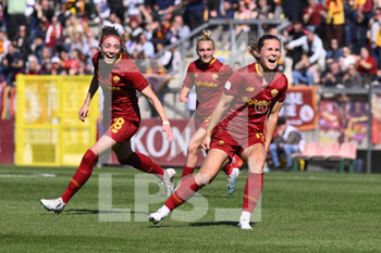 2023-04-01 - Emilie Bosshard Haavi of A.S. Roma celebrates after scoring the 3-1 during the 21th day of the Serie A Championship Poule Scudetto between A.S. Roma Women and A.C. Milan Women at the stadio Tre Fontane on April 1, 2023 in Rome, Italy. - AS ROMA VS AC MILAN - ITALIAN SERIE A WOMEN - SOCCER