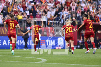 2023-04-29 - Elisa Bartoli of AS Roma Women celebrates after scoring the 2-1 during the 6th day of the Serie A Championship Poule Scudetto between A.S. Roma Women vs ACF Fiorentina at the stadio Tre Fontane on April 29, 2023 in Rome, Italy. - AS ROMA VS ACF FIORENTINA - ITALIAN SERIE A WOMEN - SOCCER