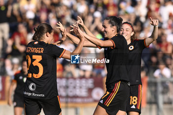 2023-09-30 - Evelyne Viens of A.S. Roma Women celebrates after scoring 4-1 during the 2nd day of the Serie A Championship between A.S. Roma Women - Como Women on September 30, 2023 at the Tre Fontane Stadium in Rome, Italy. - AS ROMA VS FC COMO WOMEN - ITALIAN SERIE A WOMEN - SOCCER