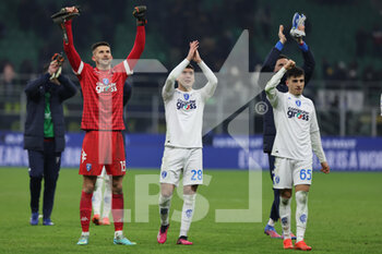 23/01/2023 - Guglielmo Vicario of Empoli FC celebrates the victory at the end of the match with Nicolo Cambiaghi of Empoli FC and Fabiano Parisi of Empoli FC during Serie A 2022/23 football match between FC Internazionale and Empoli FC at Giuseppe Meazza Stadium, Milan, Italy on January 23, 2023 - INTER - FC INTERNAZIONALE VS EMPOLI FC - SERIE A - CALCIO