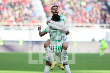 2023-01-29 - Domenico Berardi of US Sassuolo celebrates after scoring a goal with Hamed Junior Traore of US Sassuolo during Serie A 2022/23 football match between AC Milan and US Sassuolo at San Siro Stadium, Milan, Italy on January 29, 2023 - AC MILAN VS US SASSUOLO - ITALIAN SERIE A - SOCCER