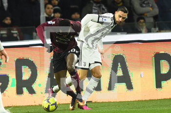 2023-02-07 - Julian Kristoffersen of US Salernitana  competes for the ball with Mattia De Sciglio of Juventus FC  during the Serie A match between US Salernitana 1919 v Juventus FC  at Arechi  Stadium  - US SALERNITANA VS JUVENTUS FC - ITALIAN SERIE A - SOCCER