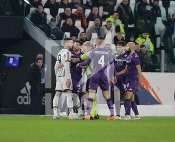 2023-02-12 - Dusan Vlahovic of Juventus and Christiano Biraghi of Acf Fiorentina during the Italian serie A, football match between Juventus Fc and Acf Fiorentina on 12 February 2023 at Allianz Stadium, Turin, Italy. Photo Ndrerim Kaceli - JUVENTUS FC VS ACF FIORENTINA - ITALIAN SERIE A - SOCCER