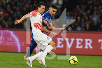2023-02-12 - Hirving Lozano of SSC Napoli  competes for the ball with Cristian Buonaiuto of US Cremonese  during the Serie A match between SSC Napoli v Cremonese SC at Diego Armando Maradona  Stadium  - SSC NAPOLI VS US CREMONESE - ITALIAN SERIE A - SOCCER
