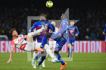 2023-02-12 - Amir Rrahmani of SSC Napoli  competes for the ball with Luca Ravanelli of US Cremonese  during the Serie A match between SSC Napoli v Cremonese SC at Diego Armando Maradona  Stadium  - SSC NAPOLI VS US CREMONESE - ITALIAN SERIE A - SOCCER