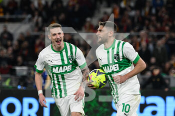 2023-03-12 - Domenico Berardi (US Sassuolo) celebrates after scoring the goal 1-3 during the Italian Football Championship League A 2022/2023 match between AS Roma vs US Sassuolo at the Olimpic Stadium in Rome  on 12 March 2023. - AS ROMA VS US SASSUOLO - ITALIAN SERIE A - SOCCER
