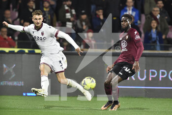 18/03/2023 - Stefan Posch of Bologna FC  competes for the ball with Boulaye Dia of US Salernitana   during the Serie A match between US Salernitana 1919 v  Bologna FC  at Arechi  Stadium  - US SALERNITANA VS BOLOGNA FC - SERIE A - CALCIO