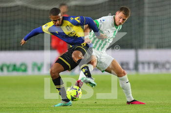 2023-04-08 - Isak Hien of Hellas Verona F.C. competes for the ball with Andrea Pinamonti of U.S. Sassuolo Calcio during the Serie A match between Hellas Verona F.C. and U.S. Sassuolo Calcio at Stadio Marcantonio Bentegodi on April 8, 2023 in Verona, Italy. - HELLAS VERONA FC VS US SASSUOLO - ITALIAN SERIE A - SOCCER