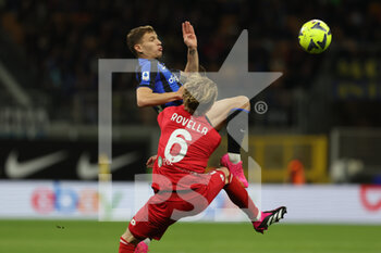 2023-04-15 - Nicolo Barella of FC Internazionale competes for the ball with Nicolo Rovella of AC Monza during Serie A 2022/23 football match between FC Internazionale and AC Monza at Giuseppe Meazza Stadium, Milan, Italy on April 15, 2023 - INTER - FC INTERNAZIONALE VS AC MONZA - ITALIAN SERIE A - SOCCER