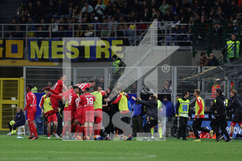 2023-04-15 - Luca Caldirola of AC Monza celebrates with his teammates after scoring a goal during Serie A 2022/23 football match between FC Internazionale and AC Monza at Giuseppe Meazza Stadium, Milan, Italy on April 15, 2023 - INTER - FC INTERNAZIONALE VS AC MONZA - ITALIAN SERIE A - SOCCER