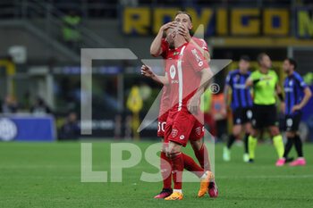 2023-04-15 - Luca Caldirola of AC Monza celebrates after scoring a goal with Carlos Augusto of AC Monza during Serie A 2022/23 football match between FC Internazionale and AC Monza at Giuseppe Meazza Stadium, Milan, Italy on April 15, 2023 - INTER - FC INTERNAZIONALE VS AC MONZA - ITALIAN SERIE A - SOCCER