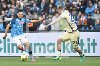 2023-04-15 - Hirving Lozano of SSC Napoli  competes for the ball with Pawel Dawidowicz of Hellas Verona FC   during the Serie A match between SSC Napoli vs Hellas Verona at Diego Armando Maradona Stadium  - SSC NAPOLI VS HELLAS VERONA - ITALIAN SERIE A - SOCCER