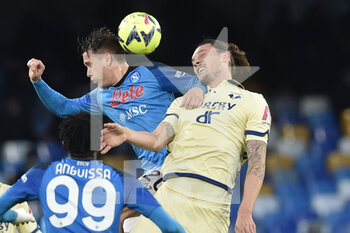 2023-04-15 - Milan Djuric of Hellas Verona FC  competes for the ball with Stanislav Lobotka of SSC Napoli   during the Serie A match between SSC Napoli vs Hellas Verona at Diego Armando Maradona Stadium  - SSC NAPOLI VS HELLAS VERONA - ITALIAN SERIE A - SOCCER