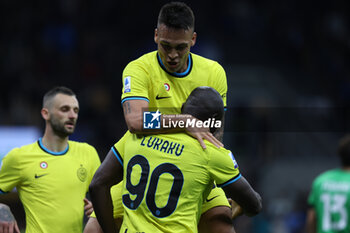 2023-05-13 - Romelu Lukaku of FC Internazionale celebrates with Lautaro Martinez of FC Internazionale after scoring a goal during Serie A 2022/23 football match between FC Internazionale and US Sassuolo at Giuseppe Meazza Stadium, Milan, Italy on May 13, 2023 - INTER - FC INTERNAZIONALE VS US SASSUOLO - ITALIAN SERIE A - SOCCER