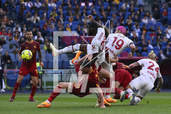 2023-04-29 - Andrea Belotti of A.S. Roma and Fikayo Tomori of A.C. Milan during the 32th day of the Serie A Championship between A.S. Roma vs A.C. Milan on April 29, 2023 at the Stadio Olimpico in Rome, Italy. - AS ROMA VS AC MILAN - ITALIAN SERIE A - SOCCER