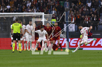 2023-04-29 - Olivier Giroud of A.C. Milan during the 32th day of the Serie A Championship between A.S. Roma vs A.C. Milan on April 29, 2023 at the Stadio Olimpico in Rome, Italy. - AS ROMA VS AC MILAN - ITALIAN SERIE A - SOCCER