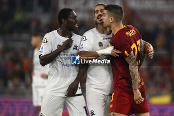 2023-06-04 - Emanuele Gyasi of A.C. Spezia and Gianluca Mancini of A.S. Roma celebrates after scoring 0-1 during the 38th day of the Serie A Championship between A.S. Roma vs A.C. Spezia on June 4, 2023 at the Stadio Olimpico in Rome, Italy. - AS ROMA VS SPEZIA CALCIO - ITALIAN SERIE A - SOCCER