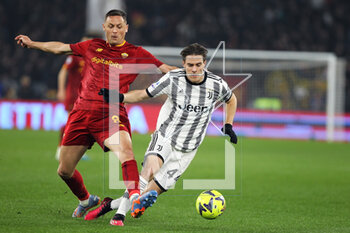 05/03/2023 - Nemanja Matic of Roma (L) vies for the ball with Nicolo' Fagioli of Juventus (R) during the Italian championship Serie A football match between AS Roma and Juventus FC on March 5, 2023 at Stadio Olimpico in Rome, Italy - FOOTBALL - ITALIAN CHAMP - ROMA V JUVENTUS - SERIE A - CALCIO