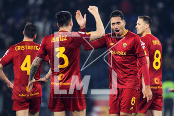 2023-03-05 - Roger Ibanez (L) and Chris Smalling (R) of Roma celebrate the victory at the end of the Italian championship Serie A football match between AS Roma and Juventus FC on March 5, 2023 at Stadio Olimpico in Rome, Italy - FOOTBALL - ITALIAN CHAMP - ROMA V JUVENTUS - ITALIAN SERIE A - SOCCER