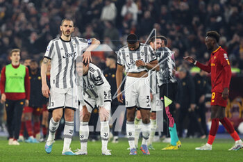 05/03/2023 - Leonardo Bonucci (L), Federico Chiesa (C) and Bremer (R) of Juventus react at the end of the Italian championship Serie A football match between AS Roma and Juventus FC on March 5, 2023 at Stadio Olimpico in Rome, Italy - FOOTBALL - ITALIAN CHAMP - ROMA V JUVENTUS - SERIE A - CALCIO