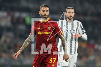 2023-03-05 - Leonardo Spinazzola of Roma reacts during the Italian championship Serie A football match between AS Roma and Juventus FC on March 5, 2023 at Stadio Olimpico in Rome, Italy - FOOTBALL - ITALIAN CHAMP - ROMA V JUVENTUS - ITALIAN SERIE A - SOCCER