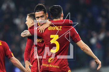 2023-03-05 - Roger Ibanez (R) and Chris Smalling (L) of Roma celebrate the victory at the end of the Italian championship Serie A football match between AS Roma and Juventus FC on March 5, 2023 at Stadio Olimpico in Rome, Italy - FOOTBALL - ITALIAN CHAMP - ROMA V JUVENTUS - ITALIAN SERIE A - SOCCER