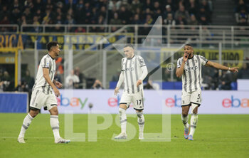 2023-03-19 - Danilo of Juventus, Filip Kostic of Juventus and Bremer of Juventus during the Italian Serie A football match between Fc Internazionale and Juventus Fc, on 19 March 2023 at Stadio Giuseppe Meazza, San Siro, Milan, Italy. Photo Nderim Kaceli - INTER - FC INTERNAZIONALE VS JUVENTUS FC - ITALIAN SERIE A - SOCCER