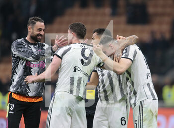 2023-03-19 - Carlo Pinsoglio of Juventus, Dusan Vlahovic of Juventus, Danilo of Juventus and Federico Gatti of Juventus during the Italian Serie A football match between Fc Internazionale and Juventus Fc, on 19 March 2023 at Stadio Giuseppe Meazza, San Siro, Milan, Italy. Photo Nderim Kaceli - INTER - FC INTERNAZIONALE VS JUVENTUS FC - ITALIAN SERIE A - SOCCER