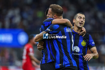 2023-08-19 - Marko Arnautovic of FC Internazionale celebrates with Lautaro Martinez of FC Internazionale and Henrikh Mkhitaryan of FC Internazionale during Serie A 2023/24 football match between FC Internazionale and AC Monza at Giuseppe Meazza Stadium, Milan, Italy on August 19, 2023 - INTER - FC INTERNAZIONALE VS AC MONZA - ITALIAN SERIE A - SOCCER