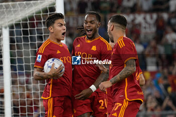 2023-09-17 - Paulo Dybala (AS Roma); and Renato Sanches (AS Roma); celebrates after scoring the goal 1-0 during the Italian Football Championship League A 2023/2024 match between AS Roma vs Empoli FC at the Olimpic Stadium in Rome  on 17 September  2023. - AS ROMA VS EMPOLI FC - ITALIAN SERIE A - SOCCER