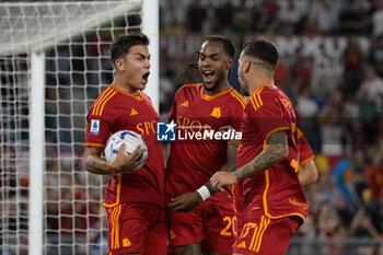 2023-09-17 - Paulo Dybala (AS Roma); and Renato Sanches (AS Roma); celebrates after scoring the goal 1-0 during the Italian Football Championship League A 2023/2024 match between AS Roma vs Empoli FC at the Olimpic Stadium in Rome  on 17 September  2023. - AS ROMA VS EMPOLI FC - ITALIAN SERIE A - SOCCER