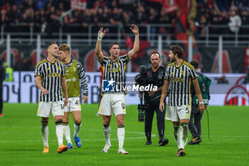 2023-10-22 - Dusan Vlahovic of Juventus FC celebrates the victory at the end of the match during Serie A 2023/24 football match between AC Milan and Juventus FC at San Siro Stadium, Milan, Italy on October 22, 2023 - AC MILAN VS JUVENTUS FC - ITALIAN SERIE A - SOCCER