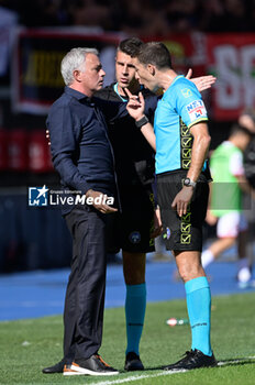 2023-10-22 - José Mourinho (Coach of AS Roma); and Giovanni Ayroldi referee during the Italian Football Championship League A 2023/2024 match between AS Roma vs AC Monza at the Olimpic Stadium in Rome on 22 October  2023. - AS ROMA VS AC MONZA - ITALIAN SERIE A - SOCCER