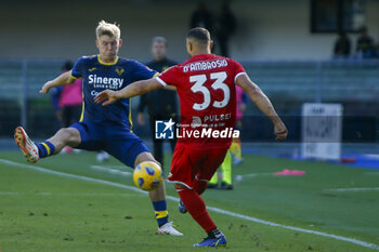 2023-11-05 - Danilo D'Ambrosio of AC Monza competes for the ball with Josh Doig of Hellas Verona FC during Hellas Verona FC  vs Monza AC, 11° Serie A Tim 2023-24 game at Marcantonio Bentegodi Stadium in Verona (VR), Italy, on November 05, 2023. - HELLAS VERONA FC VS AC MONZA - ITALIAN SERIE A - SOCCER