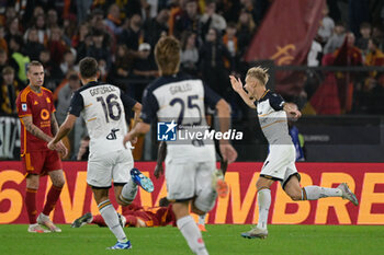 2023-11-05 - Pontus Almqvist (US Lecce); celebrates after scoring the goal 0-1 during the Italian Football Championship League A 2023/2024 match between AS Roma vs US Lecce at the Olimpic Stadium in Rome on 05 November  2023. - AS ROMA VS US LECCE - ITALIAN SERIE A - SOCCER