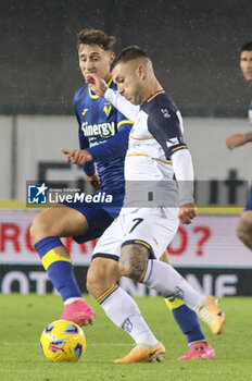 2023-11-27 - Valentin Gendrey of US Lecce  play the ball during Hellas Verona FC  vs US Lecce, 13° Serie A Tim 2023-24 game at Marcantonio Bentegodi Stadium in Verona (VR), Italy, on November 27, 2023. - HELLAS VERONA FC VS US LECCE - ITALIAN SERIE A - SOCCER