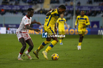 2023-12-17 - Michael Folorunsho of Hellas Verona FC competes for the ball with Michael Kayode of ACF Fiorentina  during ACF Fiorentina vs Hellas Verona FC, 16° Serie A Tim 2023-24 game at Artemio Franchi Stadium in Firenze (FI), Italy, on Dicember 17, 2023. - ACF FIORENTINA VS HELLAS VERONA FC - ITALIAN SERIE A - SOCCER