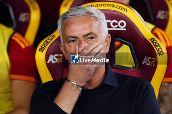 2023-09-01 - Jose' Mourinho head coach of Roma reacts before the Italian championship Serie A football match between AS Roma and AC Milan on September 1, 2023 at Stadio Olimpico in Rome, Italy - FOOTBALL - ITALIAN CHAMP - AS ROMA V AC MILAN - ITALIAN SERIE A - SOCCER