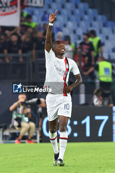 2023-09-01 - Rafael Leao of Milan celebrates after scoring 0-2 goal during the Italian championship Serie A football match between AS Roma and AC Milan on September 1, 2023 at Stadio Olimpico in Rome, Italy - FOOTBALL - ITALIAN CHAMP - AS ROMA V AC MILAN - ITALIAN SERIE A - SOCCER