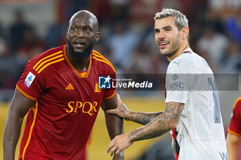 2023-09-01 - Romelu Lukaku of Roma (L) and Theo Hernandez of Milan (R) joke heach other during the Italian championship Serie A football match between AS Roma and AC Milan on September 1, 2023 at Stadio Olimpico in Rome, Italy - FOOTBALL - ITALIAN CHAMP - AS ROMA V AC MILAN - ITALIAN SERIE A - SOCCER
