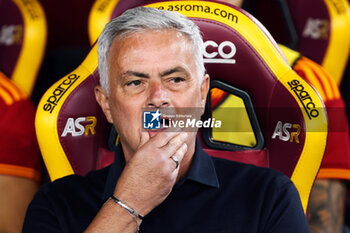 2023-09-01 - Jose' Mourinho head coach of Roma reacts during the Italian championship Serie A football match between AS Roma and AC Milan on September 1, 2023 at Stadio Olimpico in Rome, Italy - FOOTBALL - ITALIAN CHAMP - AS ROMA V AC MILAN - ITALIAN SERIE A - SOCCER