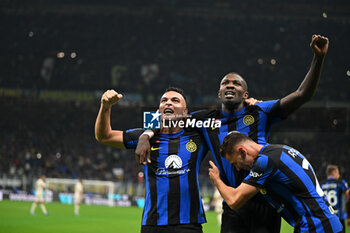 2023-10-29 - Marcus Thuram of Fc Inter celebrating after a goal the Italian Serie A football match between Inter FC Internazionale and AS Roma on 29 of October 2023 at Giuseppe Meazza San Siro Siro stadium in Milan, Italy. Photo Tiziano Ballabio - INTER - FC INTERNAZIONALE VS AS ROMA - ITALIAN SERIE A - SOCCER