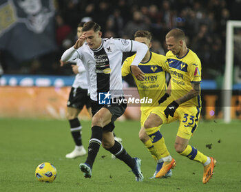 2023-12-03 - Lorenzo Lucca of Udinese FC  play the ball during Udinese Calcio vs Hellas Verona FC, 14° Serie A Tim 2023-24 game at Bluenergy Stadium - Stadio Friuli in Udine (UD), Italy, on Dicember 03, 2023. - UDINESE CALCIO VS HELLAS VERONA FC - ITALIAN SERIE A - SOCCER