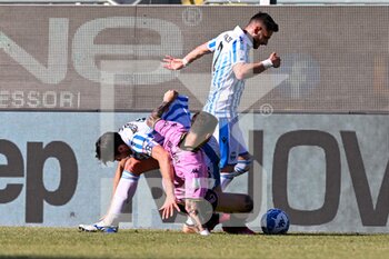 2023-05-06 - Spal’s Biagio Meccariello, Spal’s Alessandro Fiordaliso and Palermo’s Matteo Brunori in clash during the Italian Serie BKT soccer match Palermo FC vs. SPAL at the Renzo Barbera stadium in Palermo, Italy, 6th of May 2023 - PALERMO FC VS SPAL - ITALIAN SERIE B - SOCCER